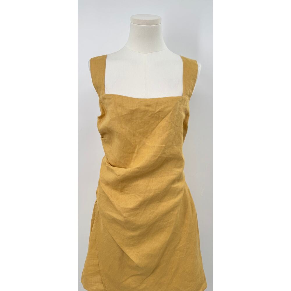 Reformation Kerrigan Yellow Gold Linen Mini Dress Sleeveless Ruched Short 10